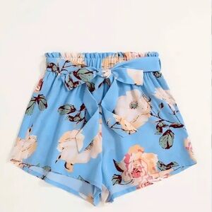 Plus Floral Print Belted Shorts Baby blue